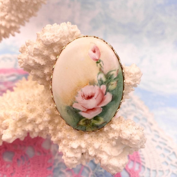 Hand painted Vintage Pink Rose Cabochon Brooch Pin - image 1