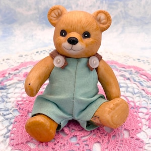 Vintage Ceramic Jointed Teddy Bear in Teal Cloth Overalls By Homco