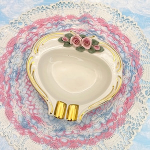 Antique Dresden Ashtray for 2 with Delicate Coquette Roses and Gold Details