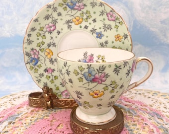 EB Foley English Bone China Teacup & Saucer Set Mint Green With Floral Print RARE HTF