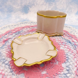Lindner German Cream and Gold Vintage Ceramic Small Ashtray and Cigarette Holder