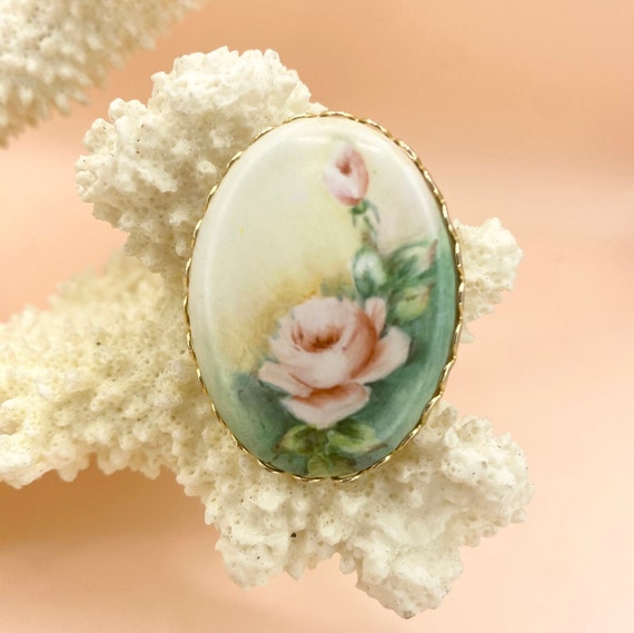 Hand painted Vintage Pink Rose Cabochon Brooch Pin - image 2