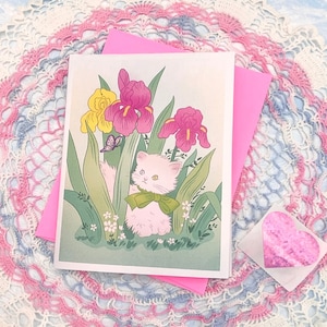 Carte nacrée d'inspiration vintage d'anniversaire princesse chaton et papillon Heaven Sent avec enveloppe rose et autocollant coeur