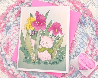 Der Himmel schickt Geburtstags-Prinzessin Kätzchen und Schmetterling Vintage inspirierte Perlglanz-Karte mit rosa Umschlag und Herz-Aufkleber