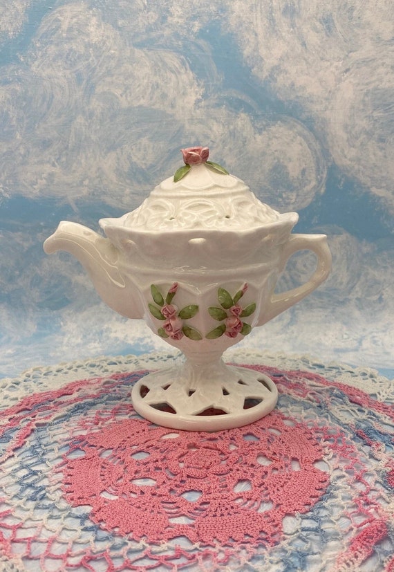 Pink Rose Garden Bone China Tea Pot Trinket Box - image 1