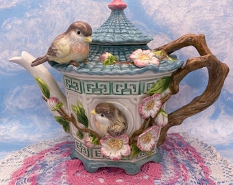 Fitz and Floyd Pagoda Cherry Blossoms and Birds Teapot Vintage Rare Repaired