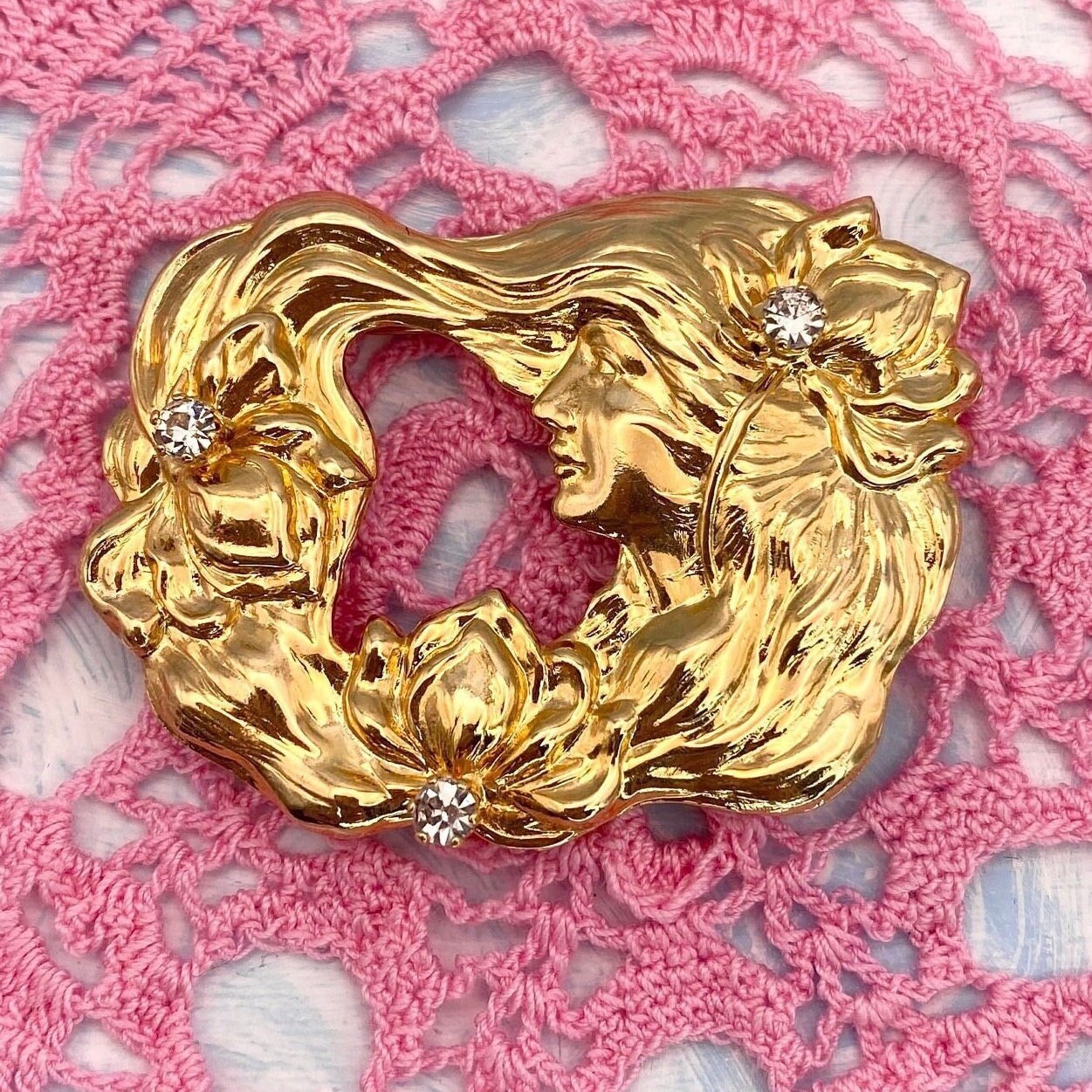 Gold Art Nouveau Lady Lotus and Crystal Add A Charm Brooch Signed Kirk's Folly
