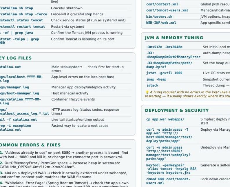 Guía rápida de Apache Tomcat / PDF de solución de problemas de servidores Java / Registros, errores y referencia de configuración / Documento imprimible para administradores de TI imagen 3