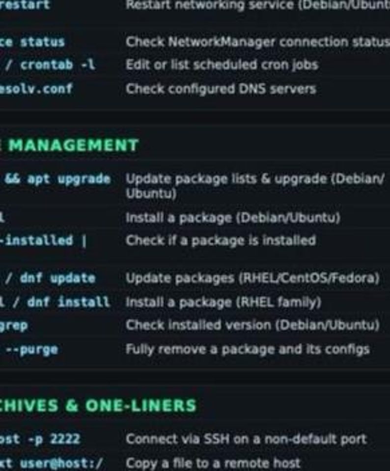 Linux Server fusklapp | SysAdmin PDF | systemd, behörigheter, disk- och nätverkskommandon | IT-snabbreferens bild 2