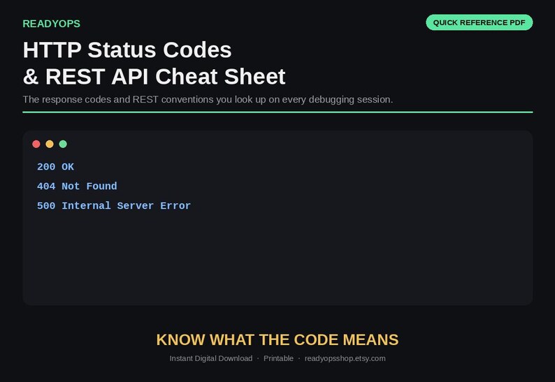 May include: A black digital cheat sheet titled READYOPS HTTP Status Codes & REST API Cheat Sheet. It lists 200 OK, 404 Not Found, and 500 Internal Server Error. The text reads The response codes and REST conventions you look up on every debugging session and KNOW WHAT THE CODE MEANS.