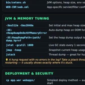 Puede incluir: Una gu&iacute;a de referencia t&eacute;cnica con fondo oscuro que muestra comandos de ajuste de JVM y memoria. El texto incluye -Xms512m -Xmx2048m, -XX:+HeapDumpOnOutOfMemoryError, -XX:HeapDumpPath=/path/dump.hprof, jstat -gcutil 1000, jmap -heap, jstack y comandos de despliegue.