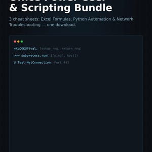 Puede incluir: Un documento digital titulado ReadyOps Office Power User & Scripting Bundle, que incluye tres hojas de referencia para fórmulas de Excel, automatización de Python y resolución de problemas de red. La interfaz oscura muestra código XLOOKUP.