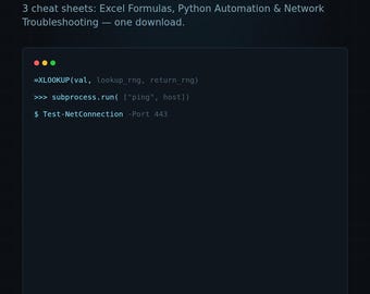 Pacote de Guias Rápidos de Excel, Python e Solução de Problemas de Rede | 3 PDFs de Referência Rápida de TI | Kit de Ferramentas para Office e Scripting