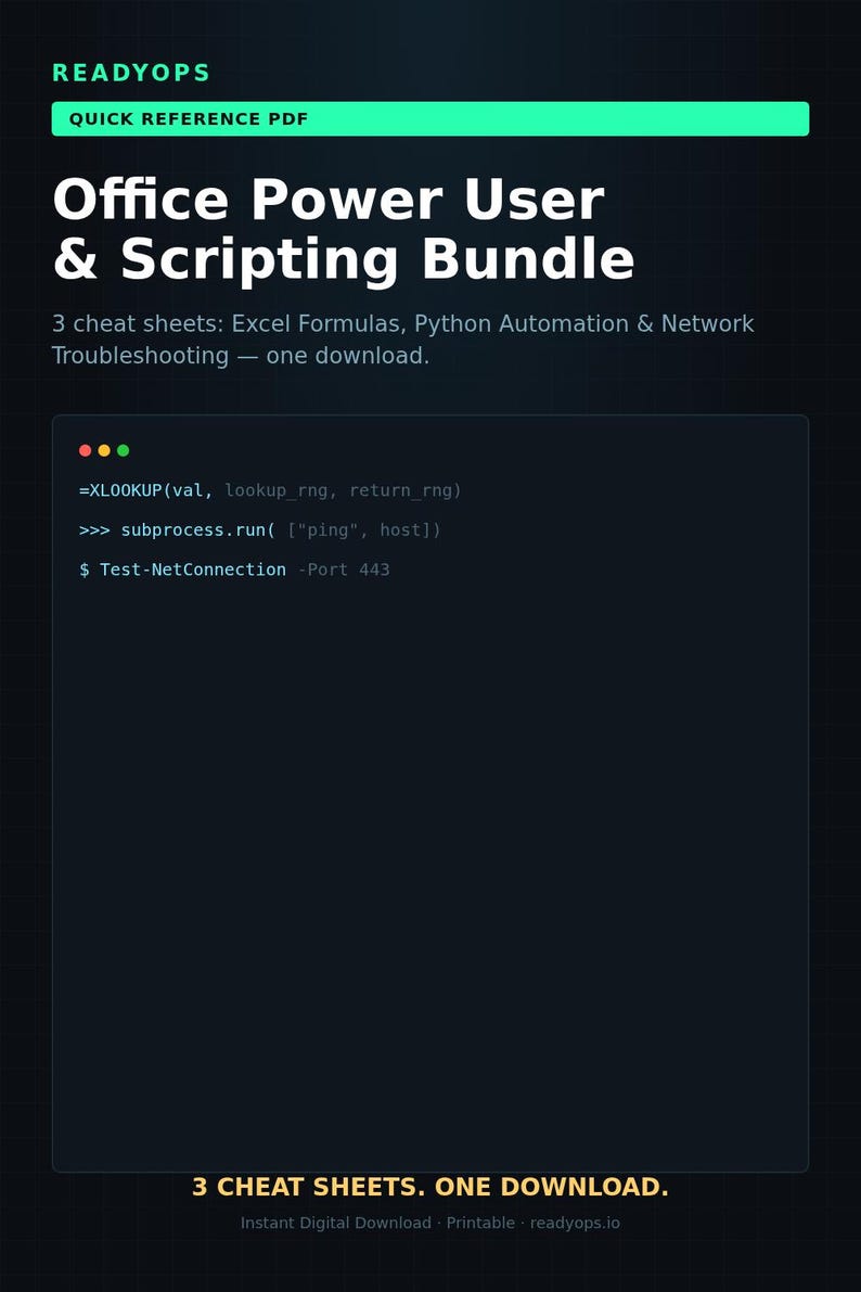 May include: A digital document titled ReadyOps Office Power User & Scripting Bundle, featuring three cheat sheets for Excel Formulas, Python Automation, and Network Troubleshooting. The dark interface displays code snippets including XLOOKUP.