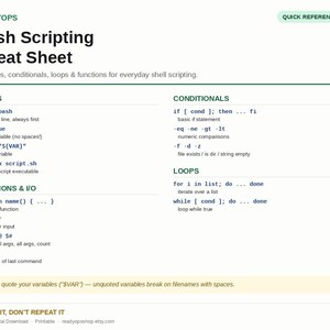 Op de afbeelding: Een wit Bash Scripting Cheat Sheet met donkergroene tekst. Het bevat secties voor basisprincipes, voorwaarden, lussen en functies, inclusief codefragmenten zoals #!/bin/bash, if-statements en for-loops.