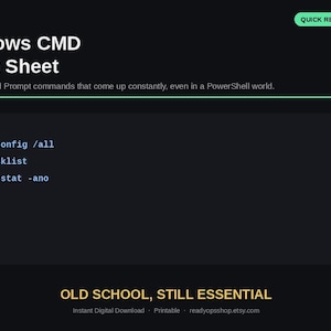 May include: A dark gray digital Windows CMD Cheat Sheet document featuring the text READYOPS, Windows CMD Cheat Sheet, and The Command Prompt commands that come up constantly, even in a PowerShell world. It displays three command lines.