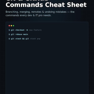 May include: A digital Git and GitHub commands cheat sheet PDF by ReadyOps. The document features a dark background with white text, including the title, a summary of commands, and code snippets like git checkout, rebase, and stash commands.