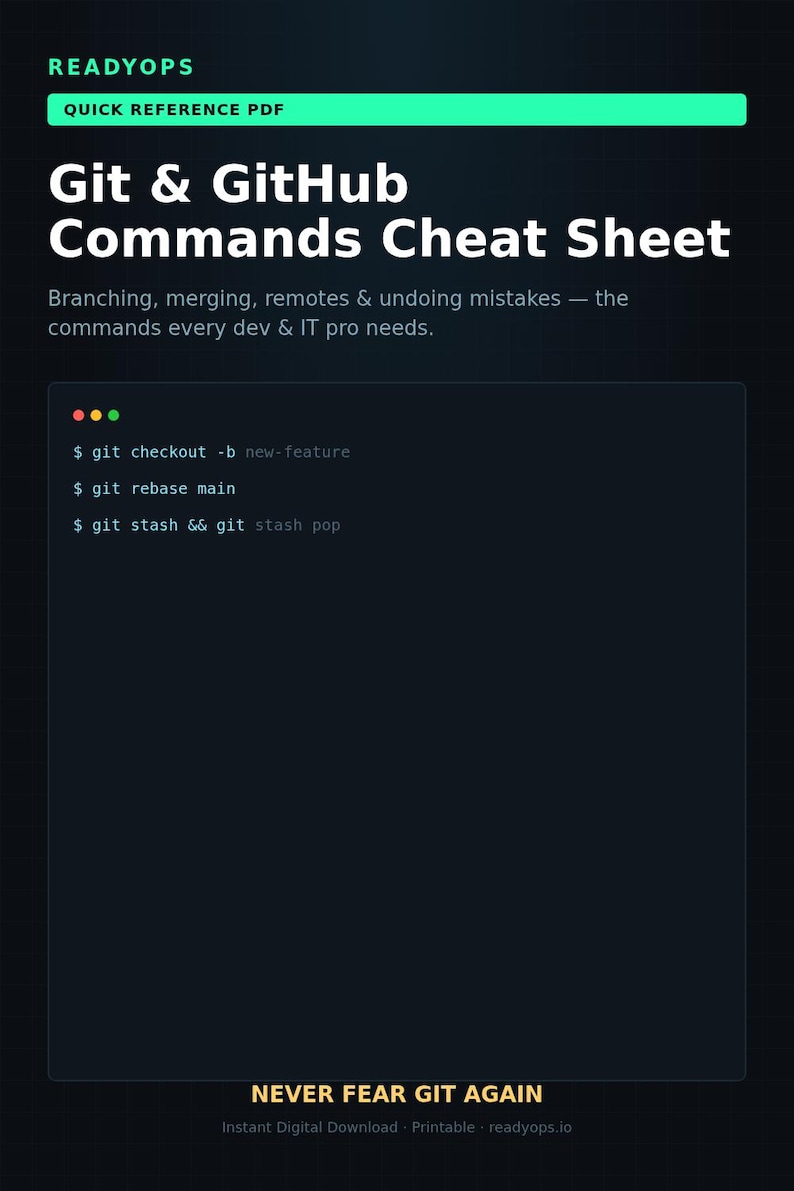 May include: A digital Git and GitHub commands cheat sheet PDF by ReadyOps. The document features a dark background with white text, including the title, a summary of commands, and code snippets like git checkout, rebase, and stash commands.