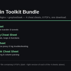 May include: A digital Linux Admin Toolkit Bundle by READYOPS featuring four cheat sheets: SSH, Bash Scripting, Nginx, and grep/sed/awk. This download includes eight PDFs in total, providing dark and light versions of each cheat sheet for system administration tasks.