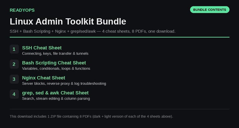 May include: A digital Linux Admin Toolkit Bundle by READYOPS featuring four cheat sheets: SSH, Bash Scripting, Nginx, and grep/sed/awk. This download includes eight PDFs in total, providing dark and light versions of each cheat sheet for system administration tasks.