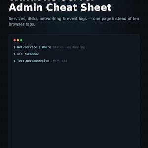 Arkusz ściągawek dla systemu Windows Server | Administracja IT w formacie PDF | Polecenia dotyczące usług, dysków, sieci i dziennika zdarzeń | Administrator systemu do druku