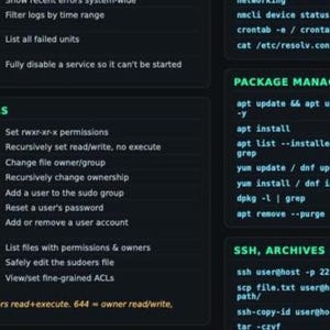 Linux Server fusklapp | SysAdmin PDF | systemd, behörigheter, disk- och nätverkskommandon | IT-snabbreferens bild 5