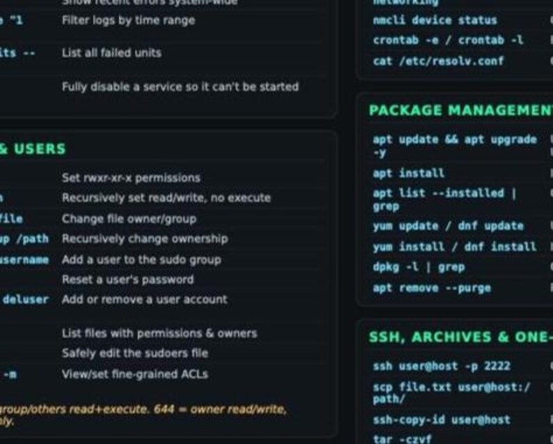 Linux Server fusklapp | SysAdmin PDF | systemd, behörigheter, disk- och nätverkskommandon | IT-snabbreferens bild 5