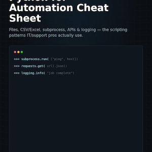Puede incluir: Un documento digital titulado Python for Automation Cheat Sheet de READYOPS. Presenta un fondo oscuro con texto blanco, un encabezado verde y un cuadro de fragmento de código que muestra comandos de subprocess, requests y logging.