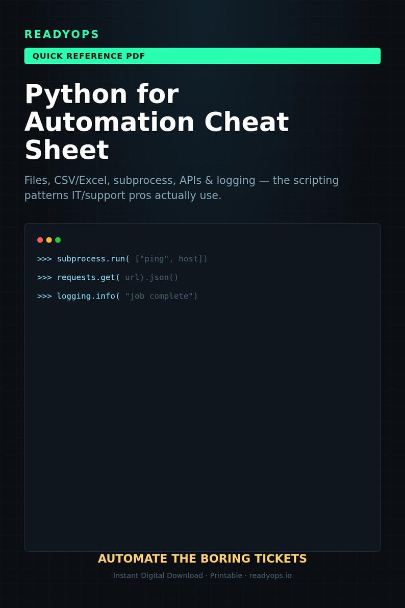 以下が含まれることがあります： READYOPSによるPython for Automation Cheat Sheetというタイトルのデジタルドキュメント。暗い背景に白い文字、緑色のヘッダー、そしてsubprocess、requests、loggingのコマンドを表示するコードスニペットボックスが配置されています。