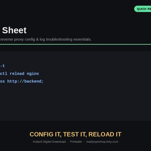 Op de afbeelding: Een digitaal Nginx spiekbriefje document met een donkere achtergrond. Het bevat de tekst READYOPS, Nginx Cheat Sheet, en Server blocks, reverse proxy config & log troubleshooting essentials. Codefragmenten bevatten nginx -t en proxy_pass.