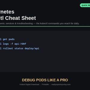 May include: A dark-themed Kubernetes kubectl cheat sheet digital document. The header reads READYOPS and QUICK REFERENCE PDF. The title is Kubernetes kubectl Cheat Sheet, followed by the text: Pods, deployments, services & troubleshooting.