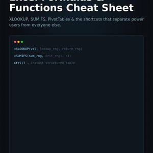 Peut inclure: Une fiche mémo numérique au thème sombre intitulée READYOPS Excel Formulas & Functions Cheat Sheet. Elle présente du texte blanc sur fond sombre, listant les formules XLOOKUP, SUMIFS et le raccourci Ctrl+T. Le texte en bas indique BECOME THE EXCEL PERSON AT WORK.