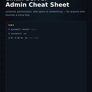 May include: A digital Linux Server Admin Cheat Sheet PDF by READYOPS. The document features white text on a dark background, including commands like systemctl restart nginx, journalctl -xe, and df -h && du -sh /var/log/*. It is labeled as a quick reference.