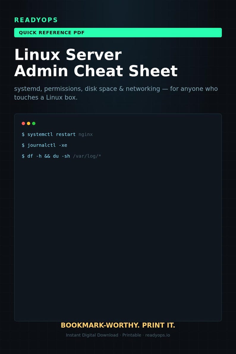 Linux Server fusklapp | SysAdmin PDF | systemd, behörigheter, disk- och nätverkskommandon | IT-snabbreferens bild 1
