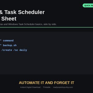 以下が含まれることがあります： READYOPSによる「Cron & Task Scheduler Cheat Sheet」と題されたダークテーマのデジタルチートシート。Linuxのcron構文とWindowsタスクスケジューラのコマンドが表示されており、backup.shやschtasksなどのコードスニペットが含まれ、下部には「AUTOMATE IT AND FORGET IT」というテキストが記載されています。
