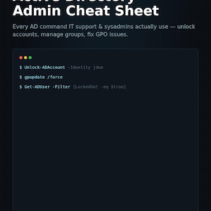 Może przedstawiać: Cyfrowy dokument z ciemnym motywem zatytułowany Active Directory Admin Cheat Sheet od READYOPS. Zawiera okno w stylu terminala z poleceniami takimi jak Unlock-ADAccount, gpupdate /force i Get-ADUser dla administratorów systemów.
