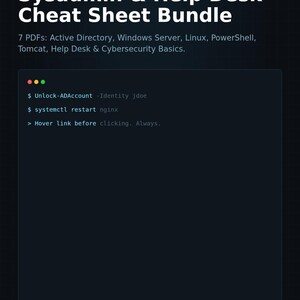 Może przedstawiać: Cyfrowy pakiet zatytułowany READYOPS Quick Reference PDF Sysadmin & Help Desk Cheat Sheet Bundle. Zawiera 7 plików PDF dotyczących Active Directory, Windows Server, Linux, PowerShell, Tomcat, Help Desk oraz podstaw cyberbezpieczeństwa.