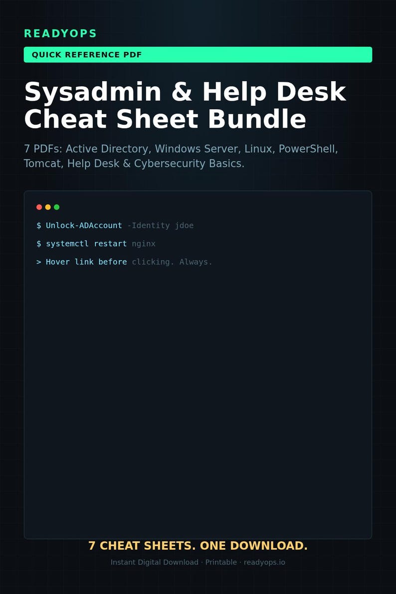 May include: A digital bundle titled READYOPS Quick Reference PDF Sysadmin & Help Desk Cheat Sheet Bundle. It lists 7 PDFs covering Active Directory, Windows Server, Linux, PowerShell, Tomcat, Help Desk, and Cybersecurity Basics with code snippets.