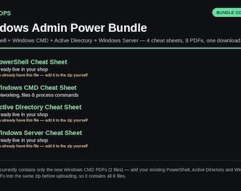 Windows Admin Cheat Sheets Bundle | PowerShell, CMD, Active Directory (Digital Download)