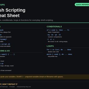 Op de afbeelding: Een zwart digitaal Bash Scripting Cheat Sheet met witte en lichtgroene tekst. Het bevat basisprincipes, voorwaarden, lussen en functies voor shell-scripting, inclusief syntaxisvoorbeelden zoals shebang-regels, variabelen en lussen.