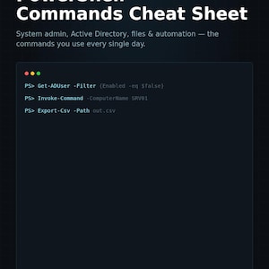 Może przedstawiać: Cyfrowy dokument PowerShell Commands Cheat Sheet od READYOPS w ciemnej kolorystyce. Zawiera nagłówek, listę poleceń administratora systemu, takich jak Get-ADUser, Invoke-Command i Export-Csv, oraz tekst w stopce YOUR NEW PS1 BEST FRIEND.