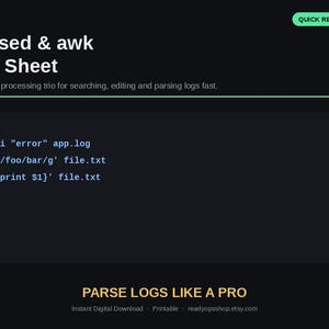Op de afbeelding: Een donkergekleurd spiekbriefje met de titel READYOPS grep, sed & awk Cheat Sheet. Het bevat de ondertitel The Linux text-processing trio for searching, editing and parsing logs fast, codevoorbeelden en de tekst PARSE LOGS LIKE A PRO.