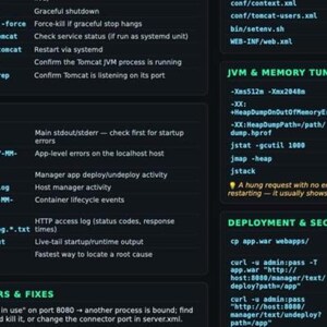 Puede incluir: Una hoja de referencia t&eacute;cnica sobre un fondo oscuro que muestra comandos de Apache Tomcat, descripciones de archivos de registro, par&aacute;metros de ajuste de memoria JVM e instrucciones de seguridad de despliegue en texto azul claro y verde.