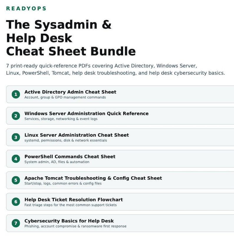 May include: A digital bundle titled ReadyOps The Sysadmin & Help Desk Cheat Sheet Bundle, featuring seven print-ready PDFs covering Active Directory, Windows Server, Linux, PowerShell, Tomcat, help desk troubleshooting, and cybersecurity basics.