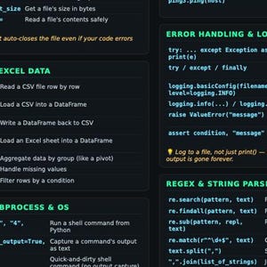 以下が含まれることがあります： ダークテーマのデジタルチートシートで、Pythonプログラミングコードのスニペットが表示されています。テキストは黒い背景に白、水色、緑色で表示され、エラー処理、CSVデータ、正規表現文字列解析などのセクションに整理されています。