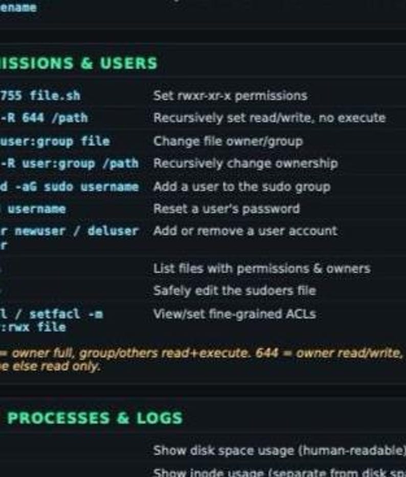 Linux Server fusklapp | SysAdmin PDF | systemd, behörigheter, disk- och nätverkskommandon | IT-snabbreferens bild 4