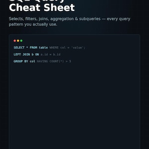 May include: A dark-themed SQL Query Cheat Sheet PDF by READYOPS. The document features white text on a black background, listing SQL commands like SELECT, JOIN, and GROUP BY. It includes the title SQL Query Cheat Sheet and the footer text STOP RE-GOOGLING JOIN SYNTAX.
