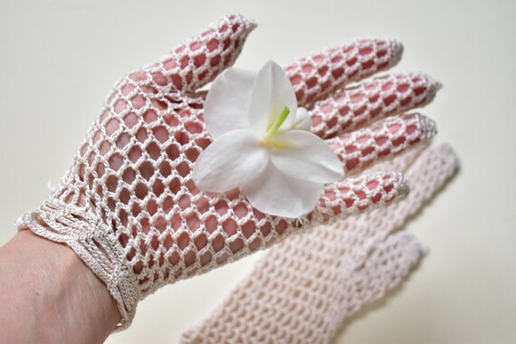 crochet gloves Cream Heavy thread Antique Net Tea… - image 5