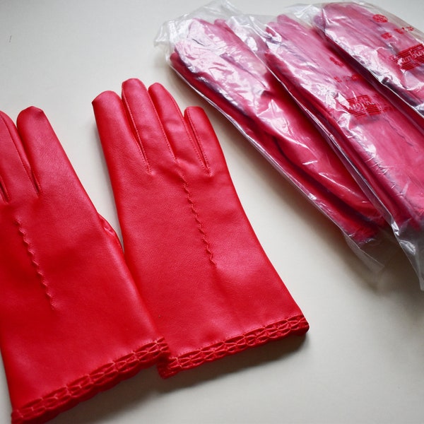 Vegan Red gloves new vintage 60's faux leather winter warm