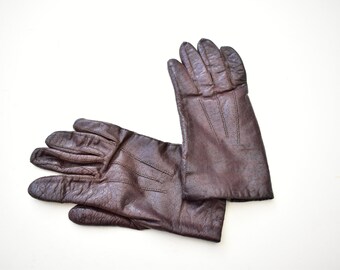 Mens brown leather gloves knit lined warm chunky small driving
